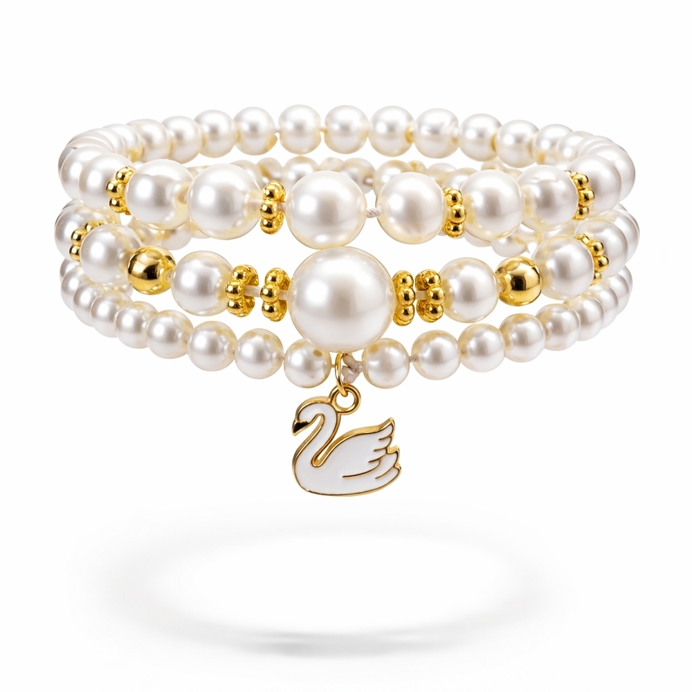 Elegant Pearl Stack Bracelet Set With Swan Charm